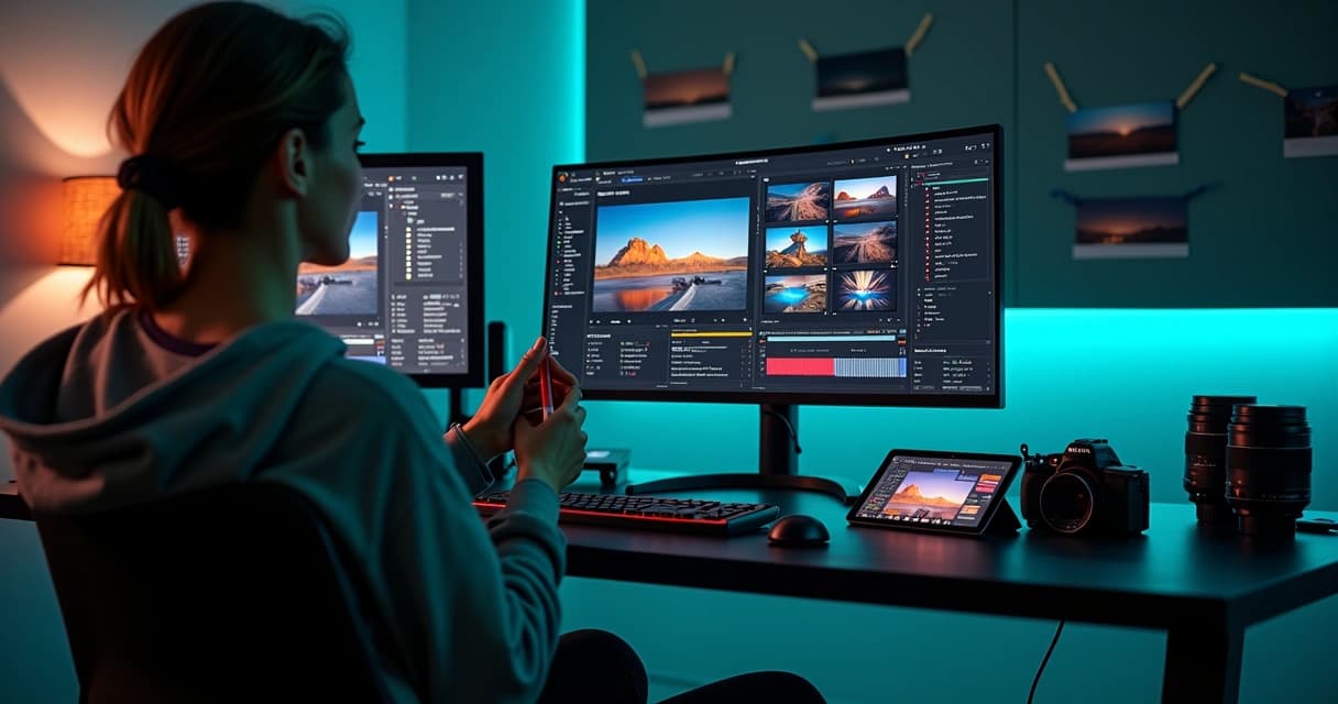 Fotógrafo analisando detalhes técnicos de fotos em painel digital com indicadores