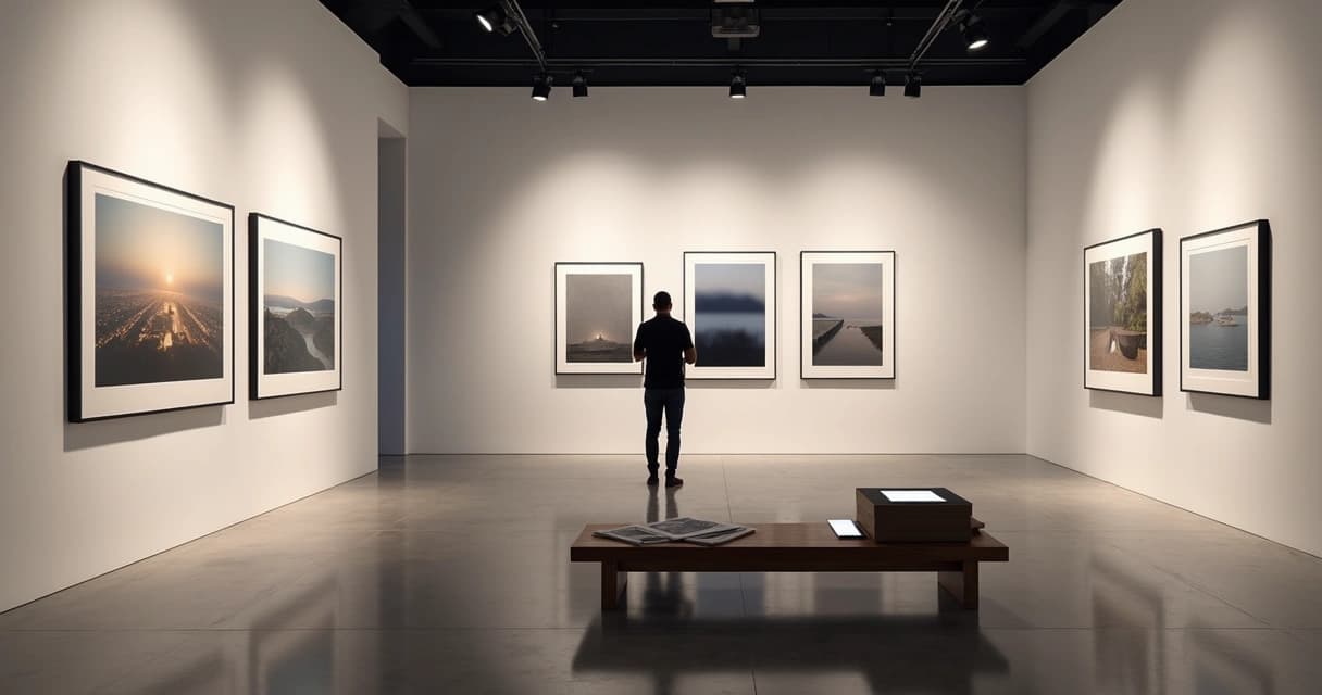 Curador analisa ampliações de fotografia fine art em galeria minimalista.