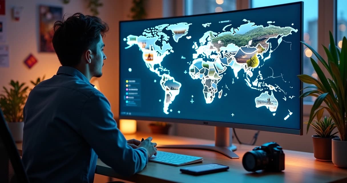 Fotógrafo observa mapa-múndi digital com fotos e gráficos de tendências