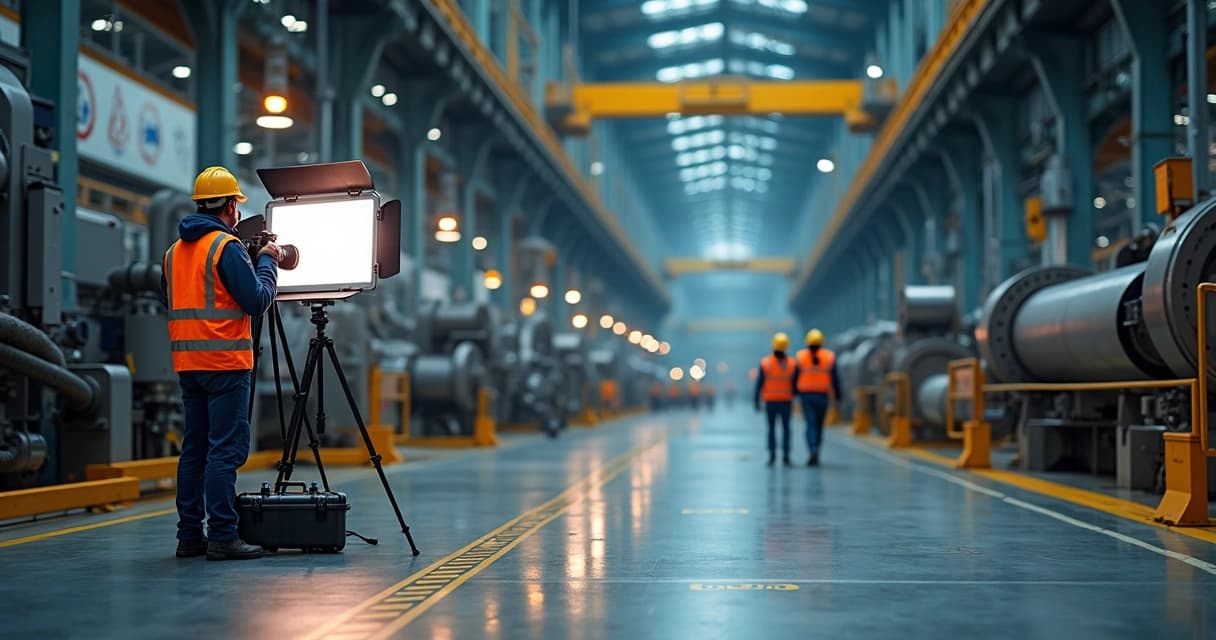 Fotógrafo em área industrial usando equipamentos de segurança registrando interior da fábrica