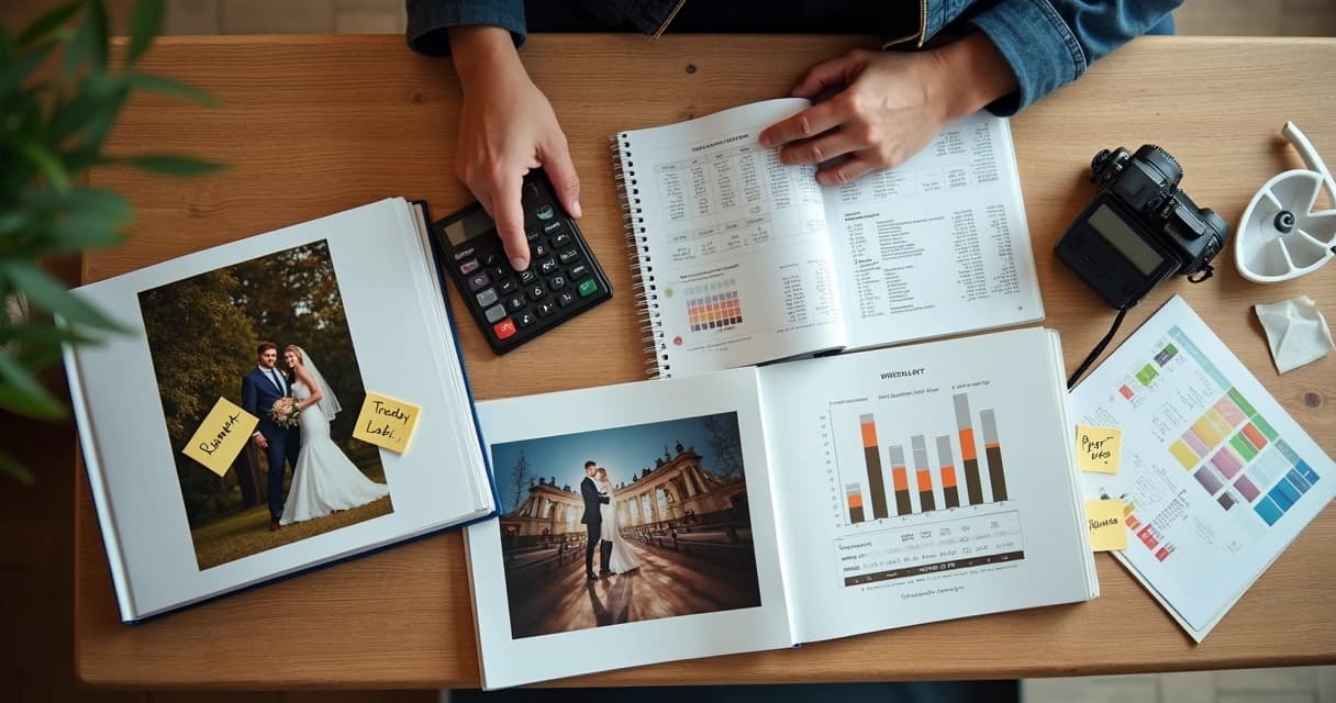 Mesa com álbuns fotográficos, calculadora e gráficos de custos de impressão