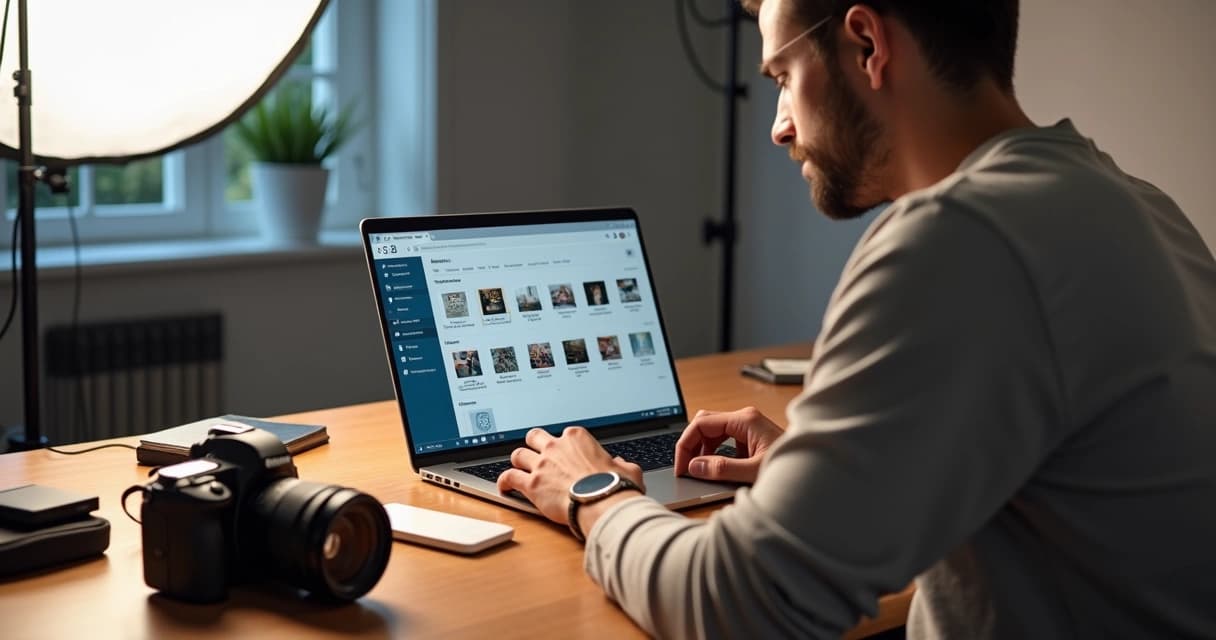 Fotógrafo freelancer organizando fotos em nuvem no notebook em estúdio moderno