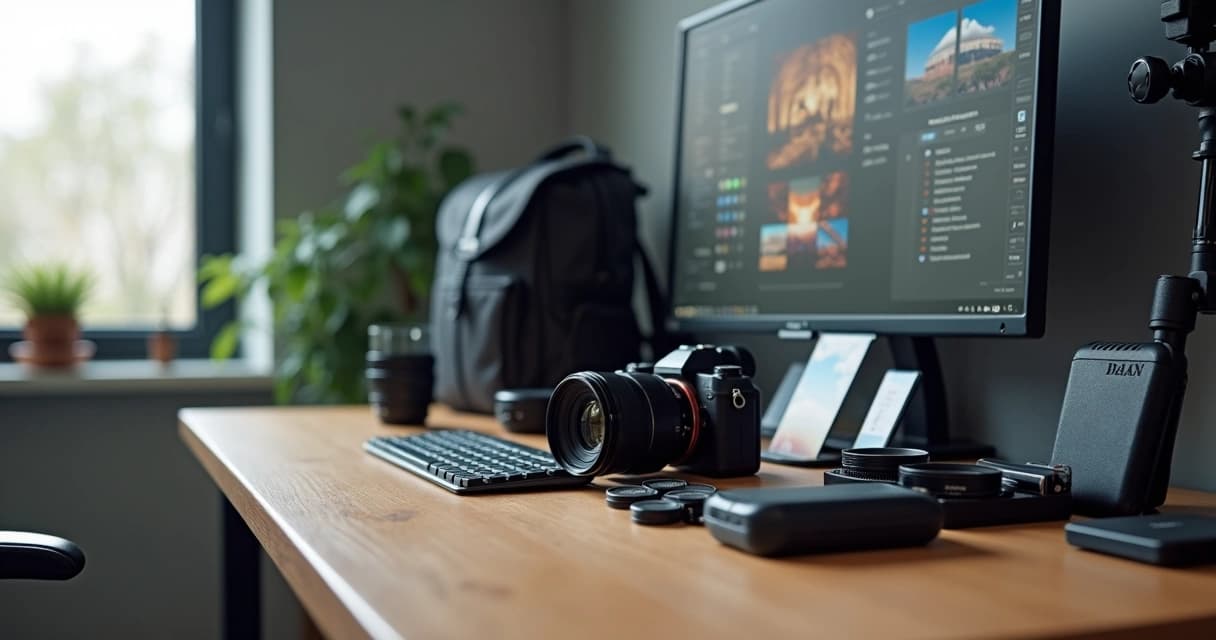 Mesa de estúdio com câmera e vários acessórios de fotografia organizados