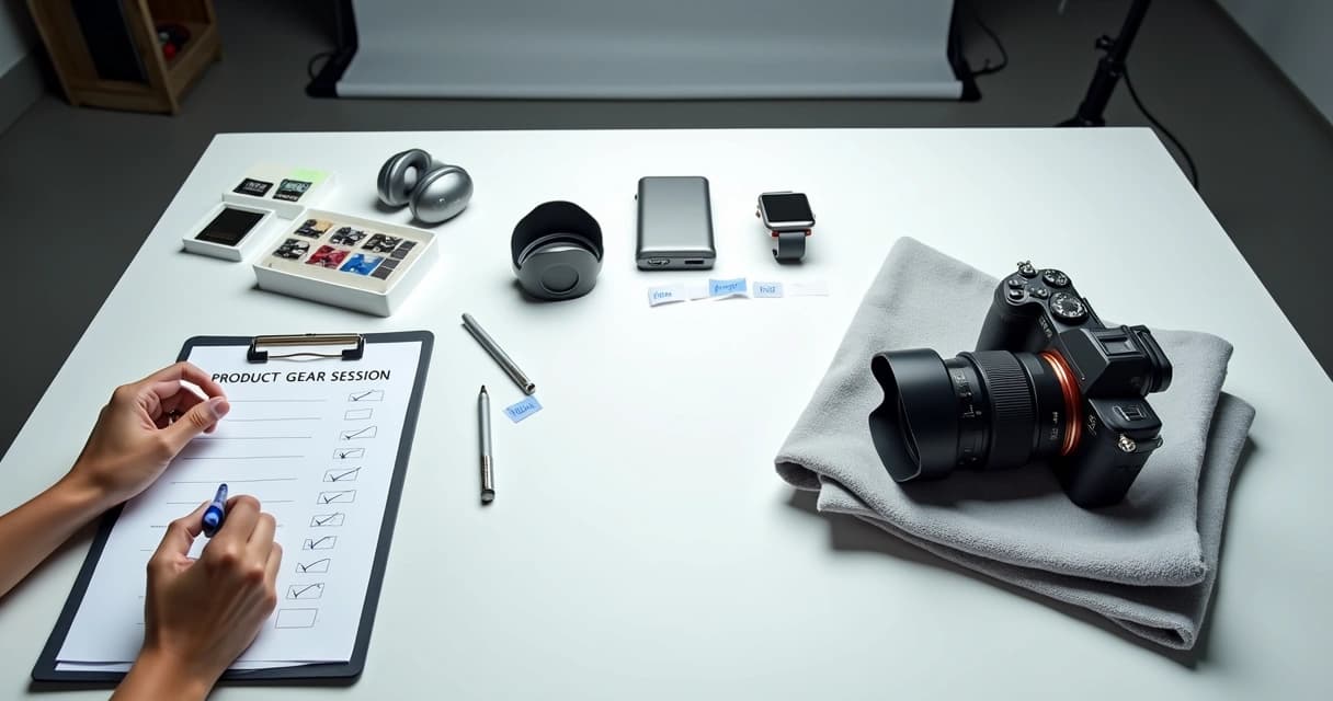 Fotógrafo organizando checklist ao lado de câmera e produtos sobre mesa branca