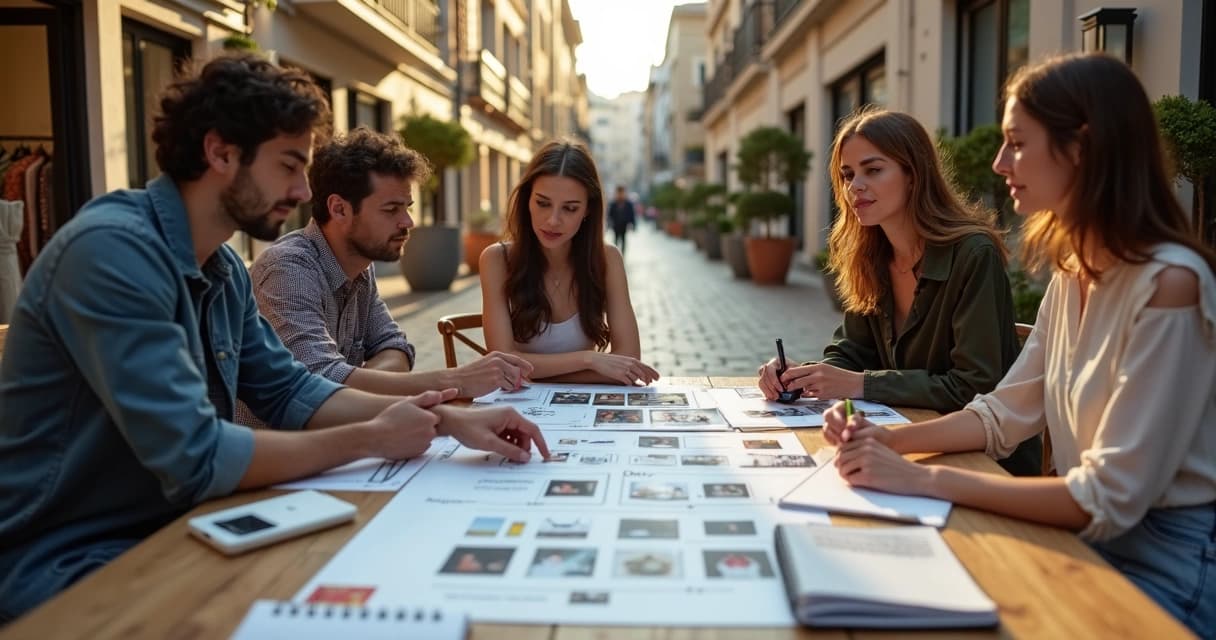 Fotógrafos e modelos reunidos em mesa ao ar livre planejando editorial