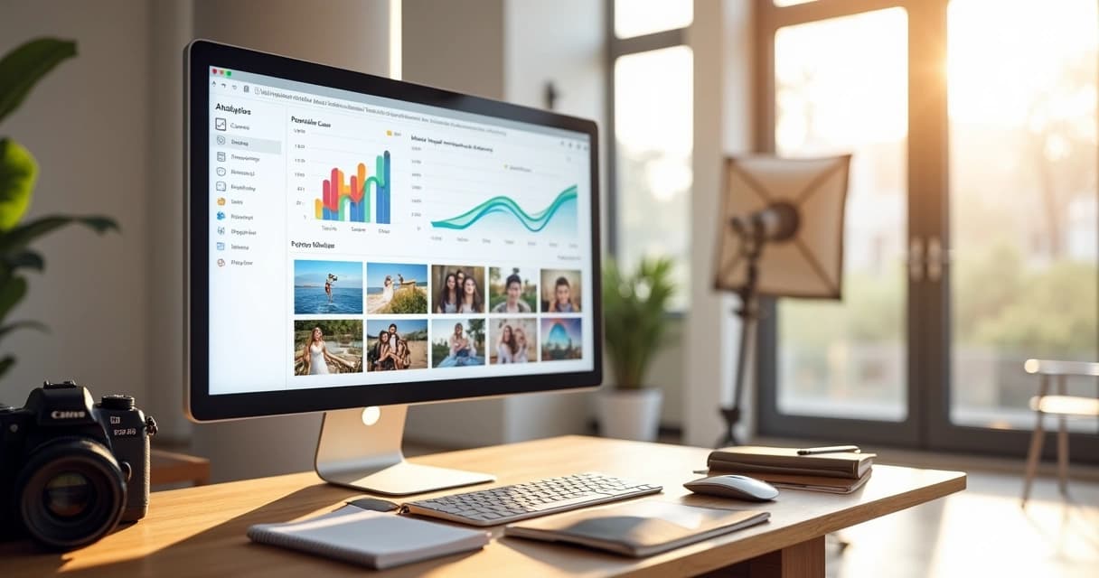 Tela grande com painel de dados do site e miniaturas de sessões de fotos em estúdio claro