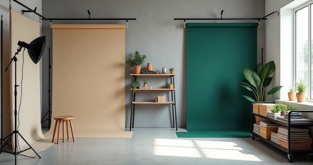 Estúdio fotográfico pequeno com paredes modulares e diferentes cenários montados