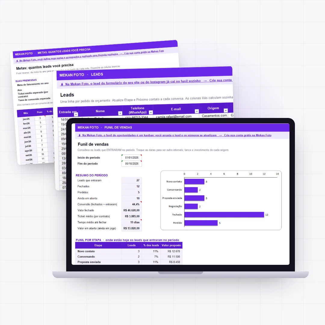 Planilha de CRM aberta no funil de vendas, com as abas de leads e de metas ao fundo