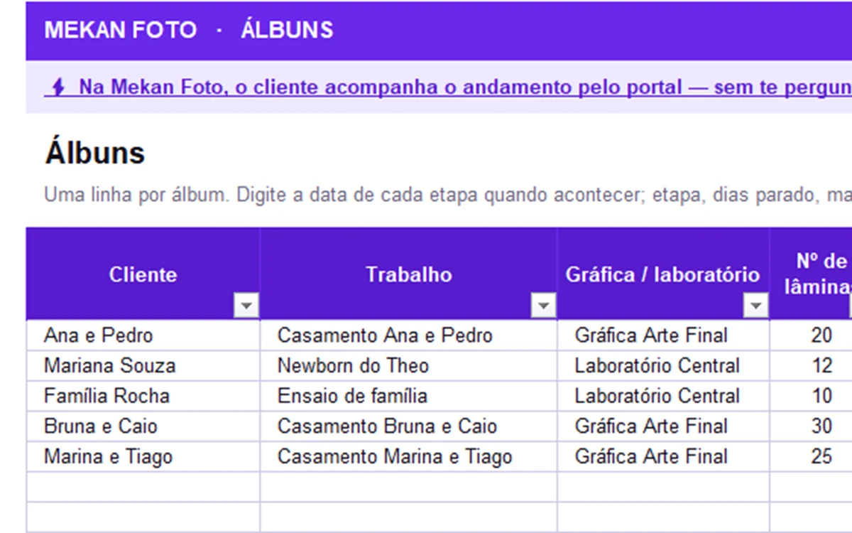 Aba Álbuns: Cada álbum da diagramação à gráfica, com as revisões, o custo e a margem.