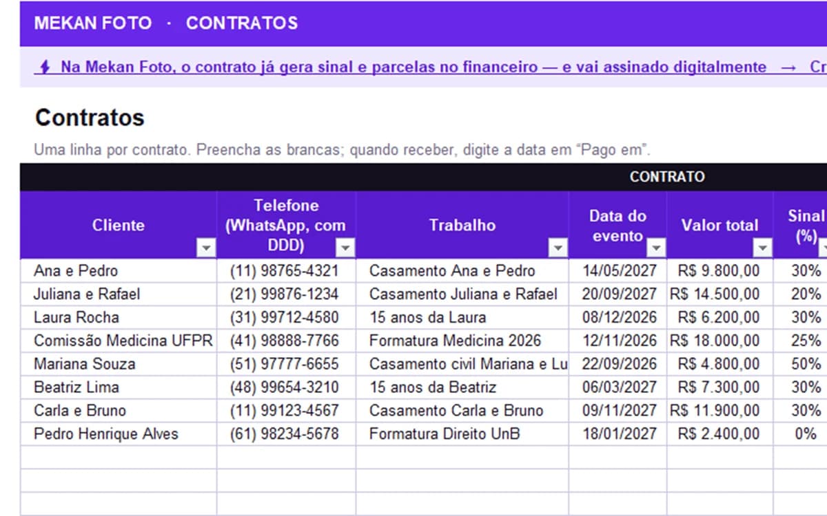 Aba Contratos: Um contrato por linha, com o sinal e até 12 parcelas marcadas como pagas.